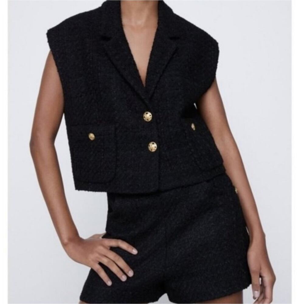 ZARA High-Waist Black Textured Weave Shorts Button Trim Womens Size XXL NWT - Picture 2 of 12